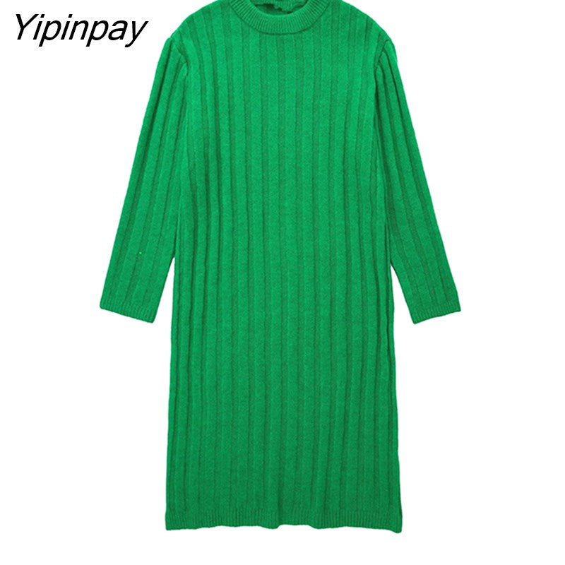 Yipinpay Warm Women Green Mid-Calf Kintted Dresses 2023 Autumn Elegant O-neck Dresses Vintage Simple Long Sleeve Vestidos