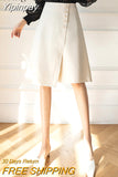 Yipinpay Women's Knee-length Skirts Single-breasted Chic Korean Fashion A-line Skirt Lady Simple Luxury Office Wear OL Skirts