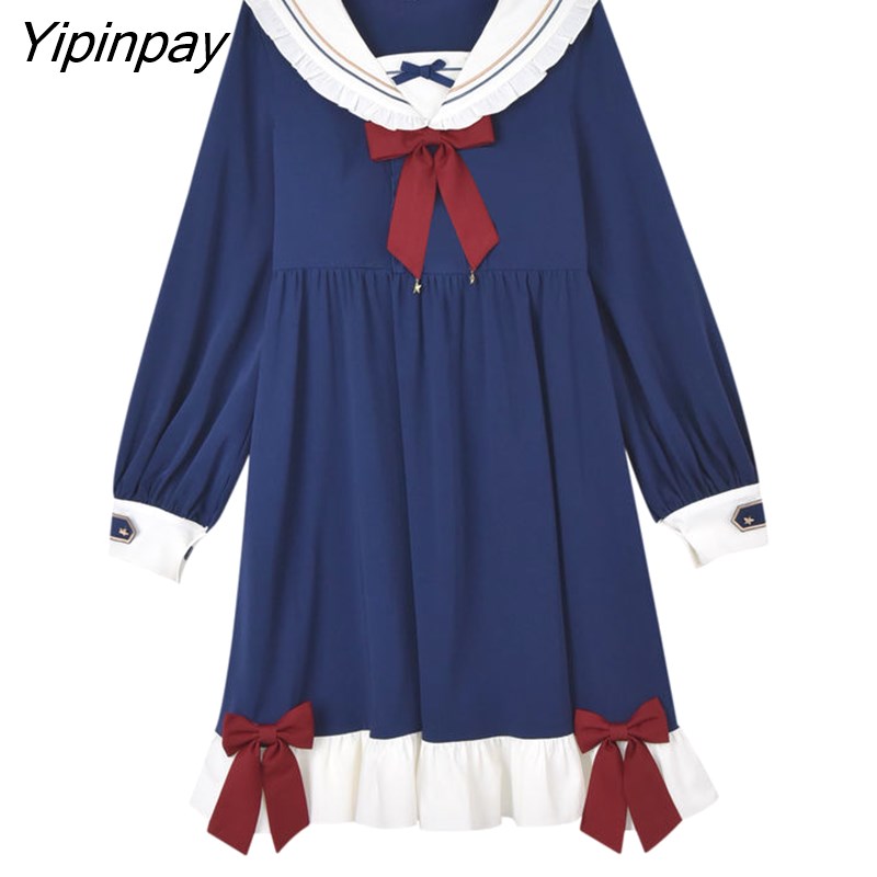 Yipinpay Sweet Autumn Women Pleated Dress JK Student Uniform Preppy Style Retro Female Dresses 2023 New High Waist