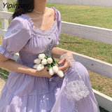 Yipinpay Summer/Spring Dress Women 2023 New Square Collar Puff Sleeve Purple and White Thin Sweet French Dress Vestidos De Mujer