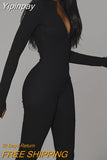 Yipinpay Solid Black Bodycon Jumpsuit Women Sporty Rompers Slim Fit Fitness Fall Outfits Long Sleeve Zipper Elastic One Piece