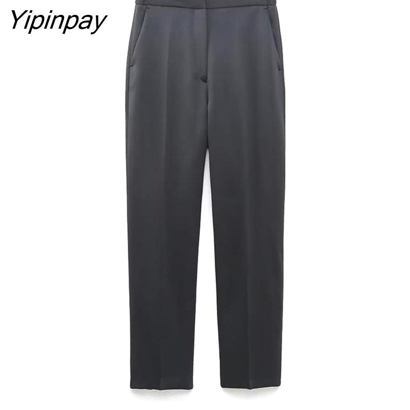 Yipinpay Ladies Solid Blazer Sets 2023 Pretty Strapless Single Breasted Tops Straight Trousers Basic Zipper Pants Causal Suits