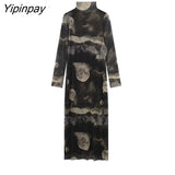 Yipinpay 2023 Ladies Printed Tulle Dresses Vintage Elegant Party Sheath Mid-Calf Dress Long Sleeve Turtleneck Vestidos Spring Autumn