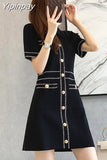 Yipinpay Collar Button Pocket Knitted Dress Mini Red Femme Robe Summer 2023 Party Vintage Elegant Black Korean Club Vrouw Jurk