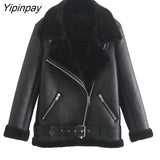 Yipinpay Women Winter Fur Faux Leather Coats 2023 Fleece Thicken Warm Long Sleeve PU Jacket Vintage Female Waistcoat Chic Tops