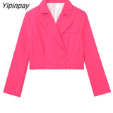 Yipinpay 2023 Women Solid Blazer Pant Sets Spring Autumn Long Sleeve Office Outfits Double Breasted Jacket Zipper Trouser Outwear