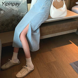 Yipinpay High Waist Vintage Denim Jeans Skirts Casual Wash Split Long Skirt Korean Harajuk Blue Skirt Femme