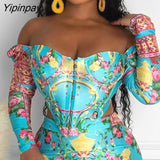 Yipinpay Women Casual Cold  Shoulder Long Sleeves Asymmetrical Mini Sexy Bodycon All Over Print Skirt Sets