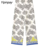 Yipinpay 2023 Spring Autumn Women Printed Shirts Suit Oversized Fashion Single Breasted Blouses 2 Pcs Wide Leg Pants Street Outwear