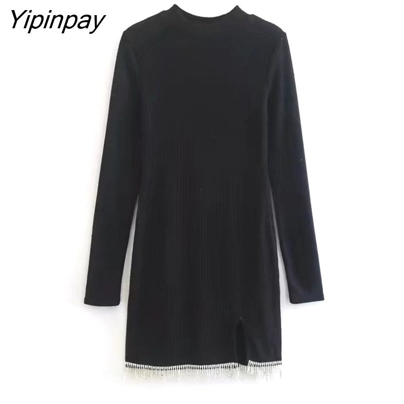 Yipinpay Autumn Women Beading Knitted Dresses 2023 Elegant Ladies O-neck Mini Slim Tassel Dresses Long Sleeve Simple Soft Vestidos