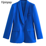 Yipinpay Fashion Spring Women Blue Blazer Suits Sets 2023 New Single Button Office Lady Jackets High Waisted Wide Leg Pants