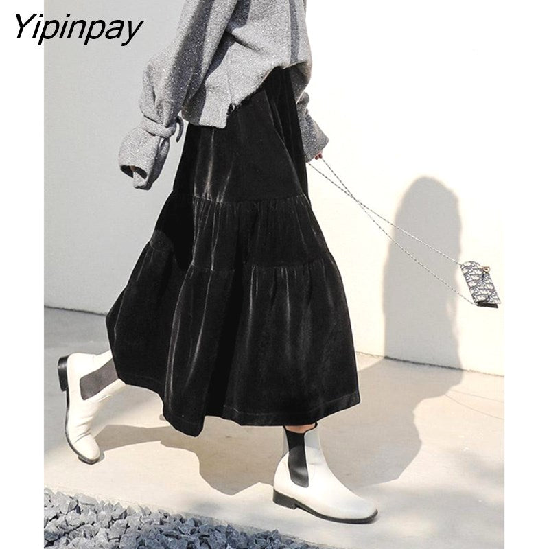 Yipinpay Black Skirt Women 2023 New Style Casual Winter A-line Long Skirt Female Y2k Skirt