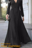 Yipinpay Women Sexy Formal Maxi Dress V Neck Long Sleeve Solid color Bandage Office Ladies Evening Party Prom Gown