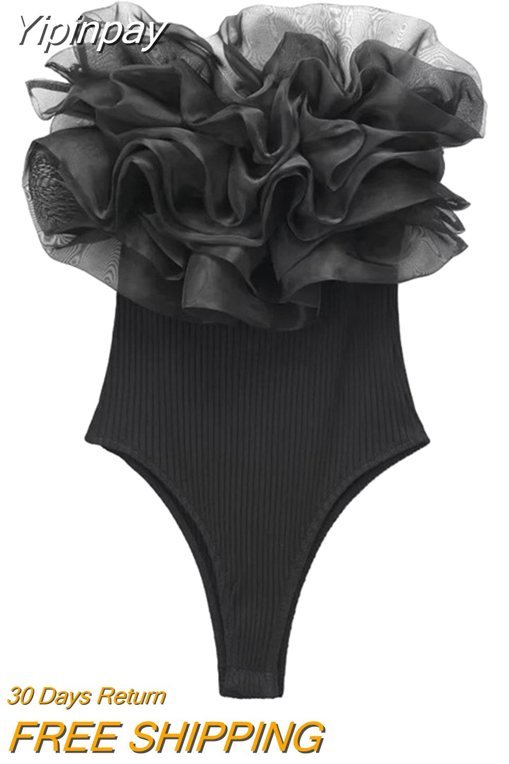 Yipinpay Ruffle Black Bodysuit For Woman Off Shoulder Sexy Lingerie Women Body Organza Sleeveless Bodysuit Y2k Women's Summer Tops