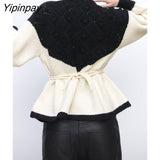 Yipinpay 2023 Women Patchwork Knitted Sweater Autumn Winter Thick Long Sleeve O-neck Pullover Simple Vintage Causal Warm Tops