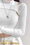 Yipinpay Knitted Crop Tops Women New Fitness Fake Two-piece T-shirt Female Black White Long Sleeve Tops