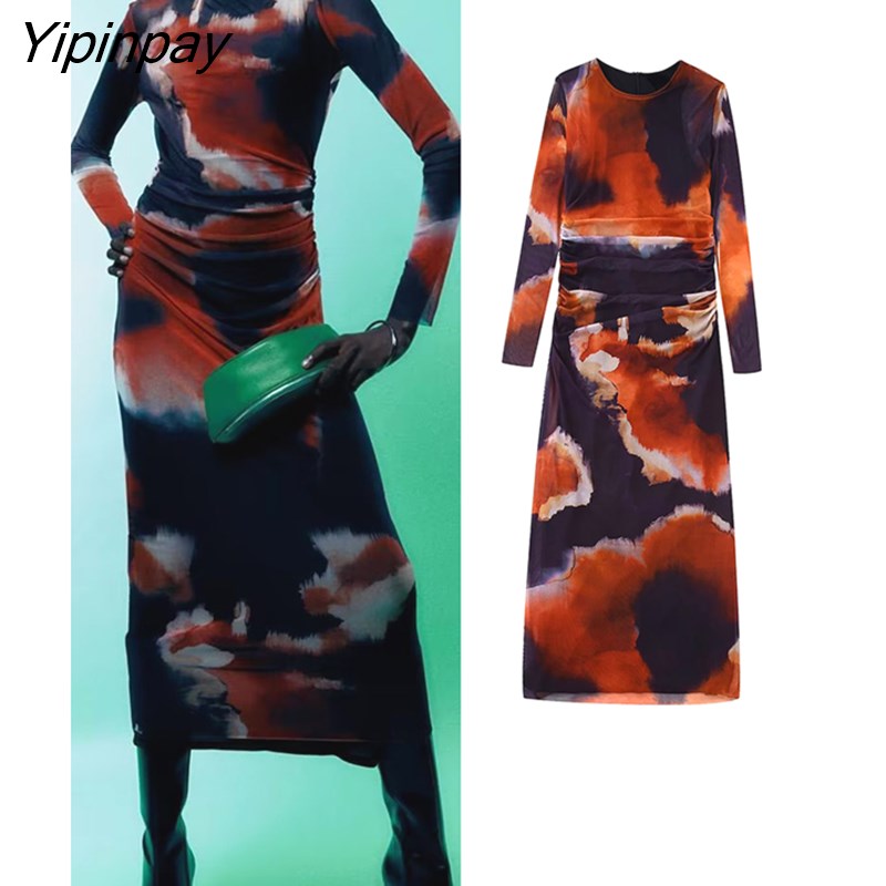 Yipinpay 2023 Women Printed Mid-Calf Dresses Elegant O-neck Pleated Dresses Fashion Vintage Long Sleeve Back Zipper Sexy Vestidos