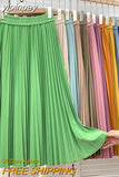 yipinpay Skirts for Womens 2023 Solid Color Kawaii Elastic High Waist Korean Fashion Midi Pleated Skirt Elegant Slim Falda Jupe