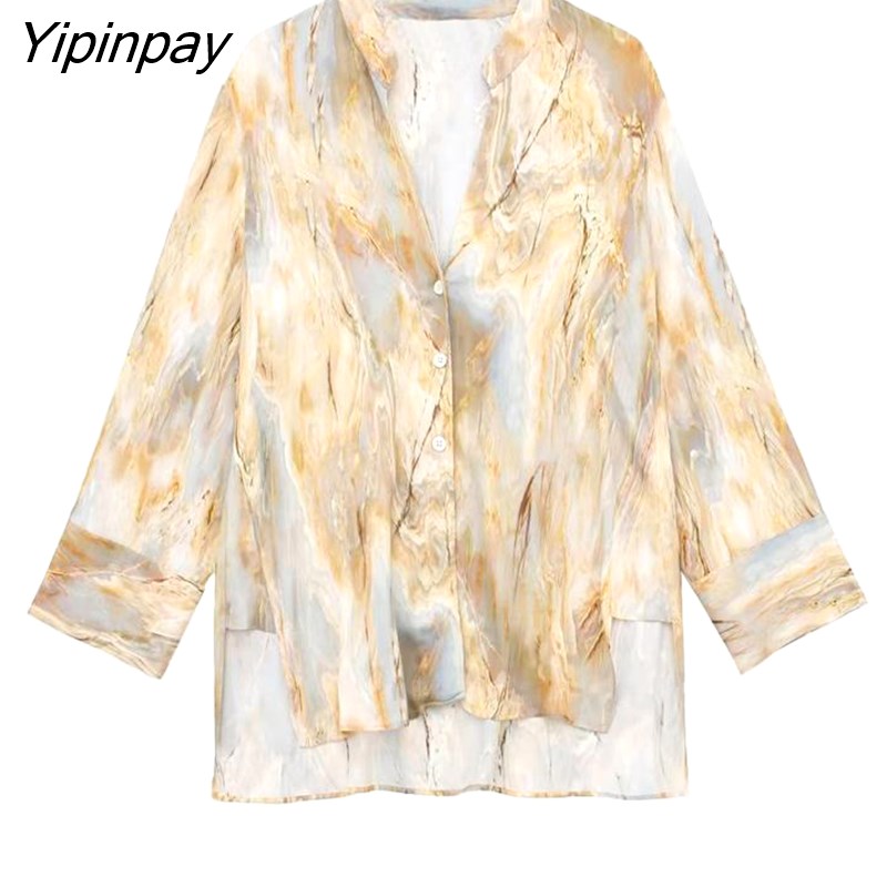 Yipinpay Women Summer Fashion Tie-Dyed Blouse Pants Sets 2023 Single Breasted Shirts Casual Printed Elastic Waist Pants Outwear