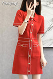 Yipinpay Collar Button Pocket Knitted Dress Mini Red Femme Robe Summer 2023 Party Vintage Elegant Black Korean Club Vrouw Jurk