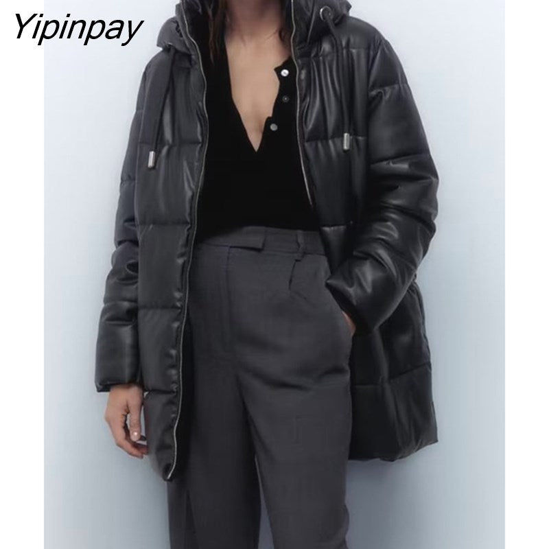 Yipinpay Winter Women's Leather Cotton Coat 2023 Ladies Fashion Thicken Warm Hooded Parkas Casual Cold Street Zipper Outwear