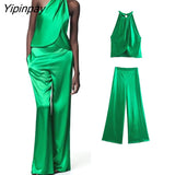 Yipinpay 2pcs 2023 Women Pants Shirts Sets Sleeveless Halter Collar Camisole+Wide Leg High Waist Trouser Causal Outwear