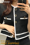 Yipinpay Korean Summer Thin Contrast O Neck Short Sleeve Jackets Women Crop Tops Single-breasted Straight Coat Fashion Clothing