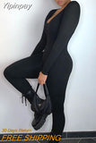 Yipinpay Fall Winter Long Sleeve Jumpsuit Women V Neck Bodycon Rompers Womens Jumpsuit Black Casual Fitness Streetwear Overalls