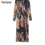 Yipinpay Newest Spring Summer Printed Tulle Dresses 2023 Vintage Elegant Long Sleeve O-neck Party Dress Sheath Mid-Calf Vestidos