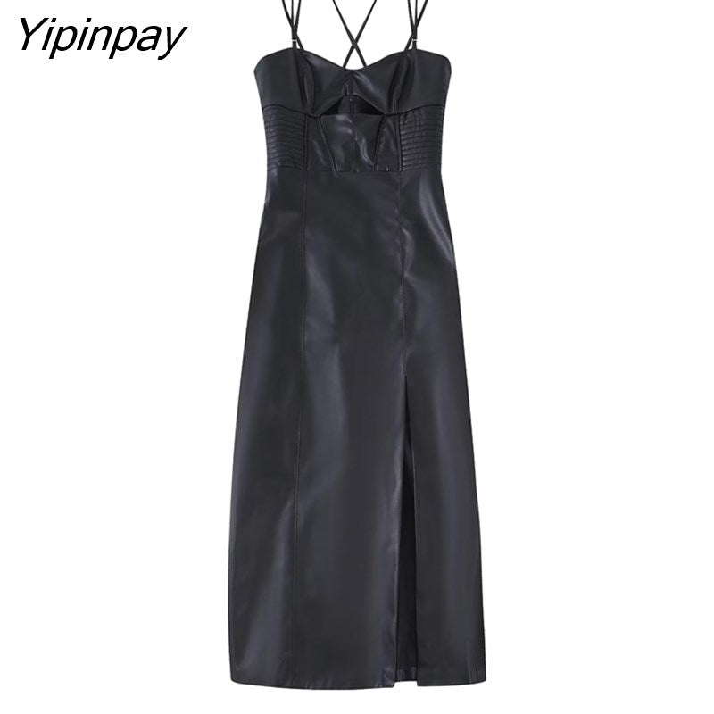 Yipinpay Elegant Autumn Women Faux-leather Dresses 2023 Fashion PU Solid Vestidos With Stitching Sleeveless Backless Pullover Dress