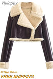 Yipinpay Faux Leather Cropped Jacket Woman Fleece Jacket Women Double Faced Zip Up Short Teddy Coat Warm Winter Women's Jackets