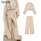 Yipinpay 2023 Women Windbreak Suit Sets Female Solid Long Sleeve Jackets With Belt High Waisted Casual Wide Leg Suits Pants Set