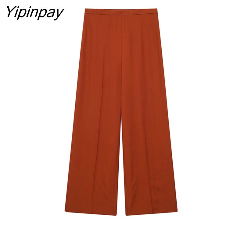 Yipinpay Women Bow Blouse Pants Sets 2023 Casual Solid Long Sleeve Loose V-neck Shirt Tops Elastic Waist Wide Leg Pants Outwear