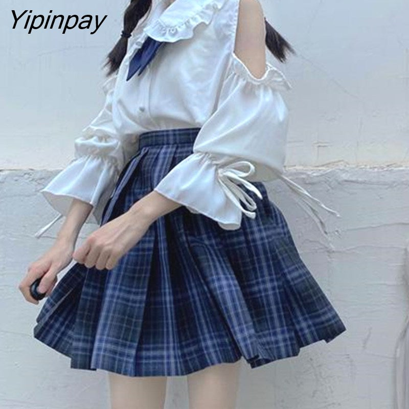 Yipinpay Summer Women Blouses Long sleeve Sweet Off Shoulder Girl Sweet Tops Lace up Peter pan collar female blouses blusas mujer