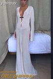 yipinpay Fashion Elegant Sexy Women V Neck Long Sleeve Beach Summer Maxi Dresses Party Holiday Hollow Out Long Dress Women 2023