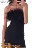 Yipinpay Feathers Off-Shoulder Mini Dress Elegant Party Wrap Bodycon Dresses Summer Women Sleeveless Slash Neck Tube Dress