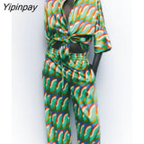 Yipinpay 2pcs Women Geometric Print Pant Shirt Sets 2023 Summer Long Sleeve Turn Down Collar Blouse+Wide Leg Trouser Causal Outwear