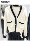 Yipinpay Cropped Cardigan Gilet Femme Manche Longue Black White v Neck Sueter Mujer Invierno 2023 Fall Harajuku Sweater Korean