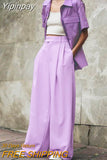 Yipinpay Lavender Chic Pleated Women Palazzo Trousers High Waist Wide Leg Pants Floor-Length 2023 Lady Trousers Pocket Solid