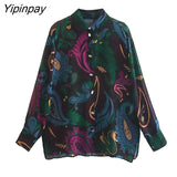 Yipinpay 2023 Women Loose Print Blouses Spring Autumn Casual Turn Down Collar Long Sleeved Top Fashion Single Breasted Shirts