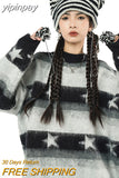 yipinpay Women Black Stripe Sweater Round Neck Color Contrast Stars American Fashion Streetwear Winter Long Sleeves Knitting Pullover