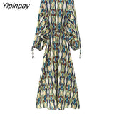Yipinpay Summer Women Geometric Printed Long Dresses 2023 New Elegant V-neck Beach Style Dress A-line Long Sleeve Mid-Calf Vestidos