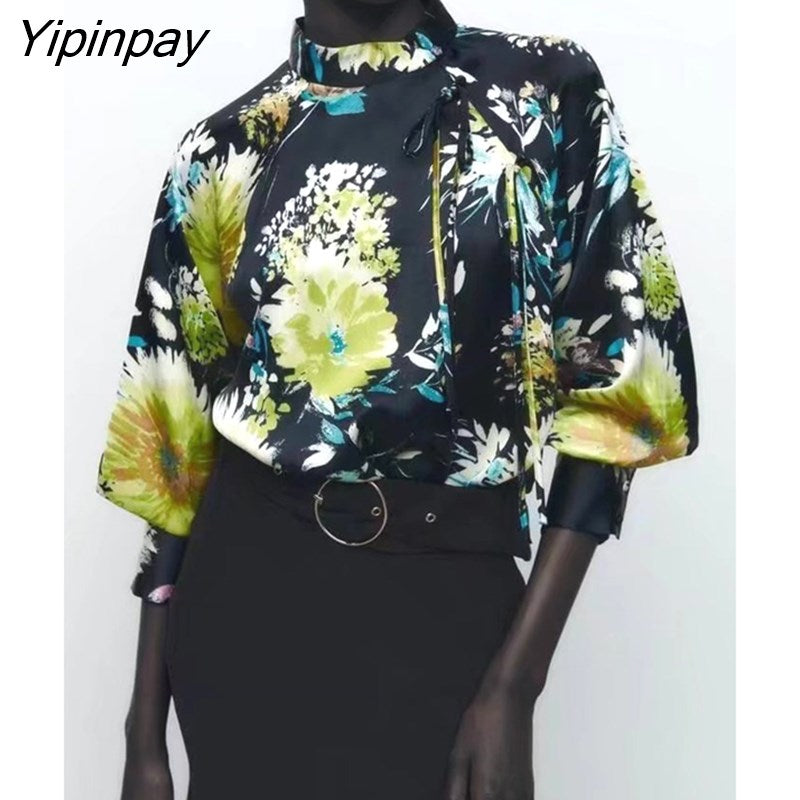Yipinpay Vintage Women Floral Printed Bow Blouses 2023 Fashion O-neck Spring Autumn Causal Long Sleeved Thin Tops Pullover T-Shirts