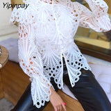 Yipinpay Women Chic Solid Hollow Out Turtleneck Long Sleeves Beading Button Sexy White Blouse Tops