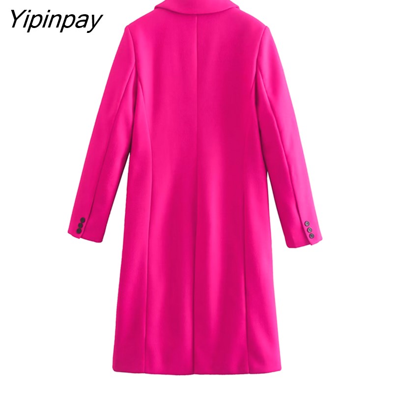 Yipinpay 2023 Women Solid Woolen Coat Autumn Winter Office Lady Long Sleeve Outwear Double Breasted Warm Basic Notched Overcoat