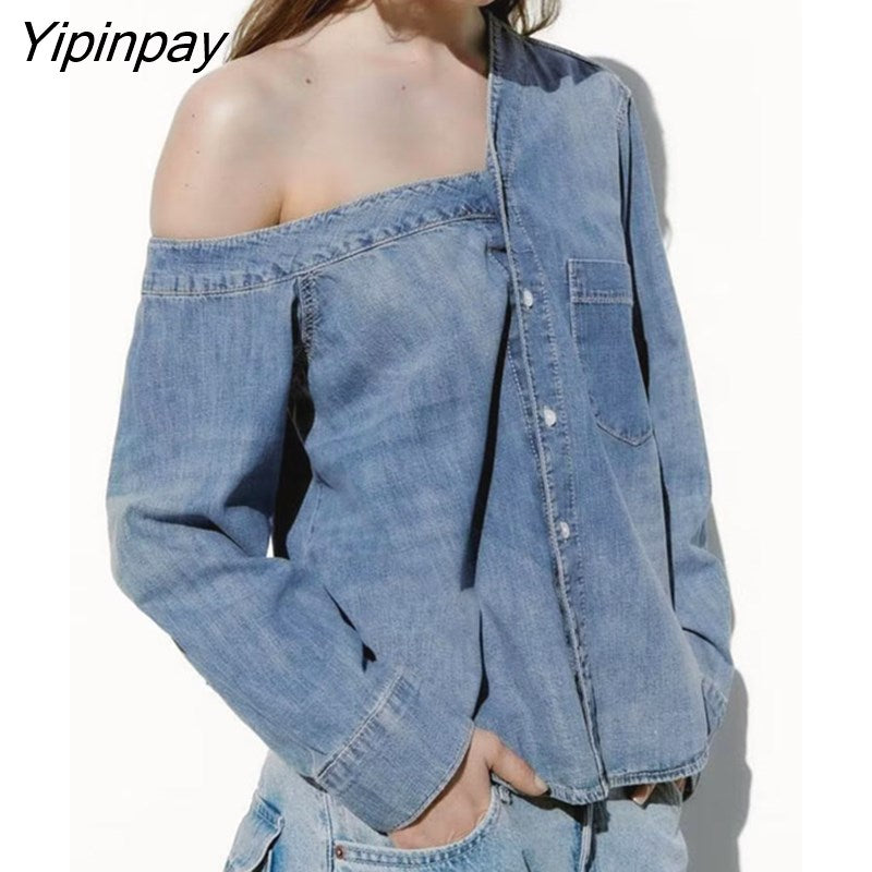 Yipinpay Fashion Asymmetrical Denim Shirt for Women 2023 Single Breasted Pockets Blouse Woman Long Sleeve Jeans Shirts Ladies