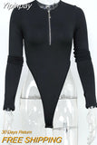 Yipinpay Women Lady Bodysuit Bodycon Jumpsuit Long Sleeve Zipper Slim Solid Color Leotard Mesh Fashion Tops