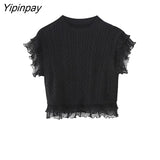 Yipinpay Vintage Women Patchwork Knitted Sweater 2023 Spring Autumn O-neck Sleeveless Solid Pullover Simple Ruffles Vintage Tops