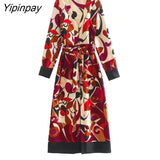 Yipinpay 2023 New Women Printed Dresses With Belt Spring Summer Fashion Ladies Party Mid-Calf Dresses Long Sleeve Elegant Vestidos