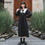 Yipinpay Spring New Women Dress Japanese Preppy style Long black dresses Sailor collar High wait female dress Sweet Girl bing